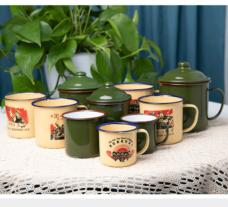 老式怀旧经典军绿色搪瓷杯复古老式茶缸铁茶缸子有盖-泡茶杯_0