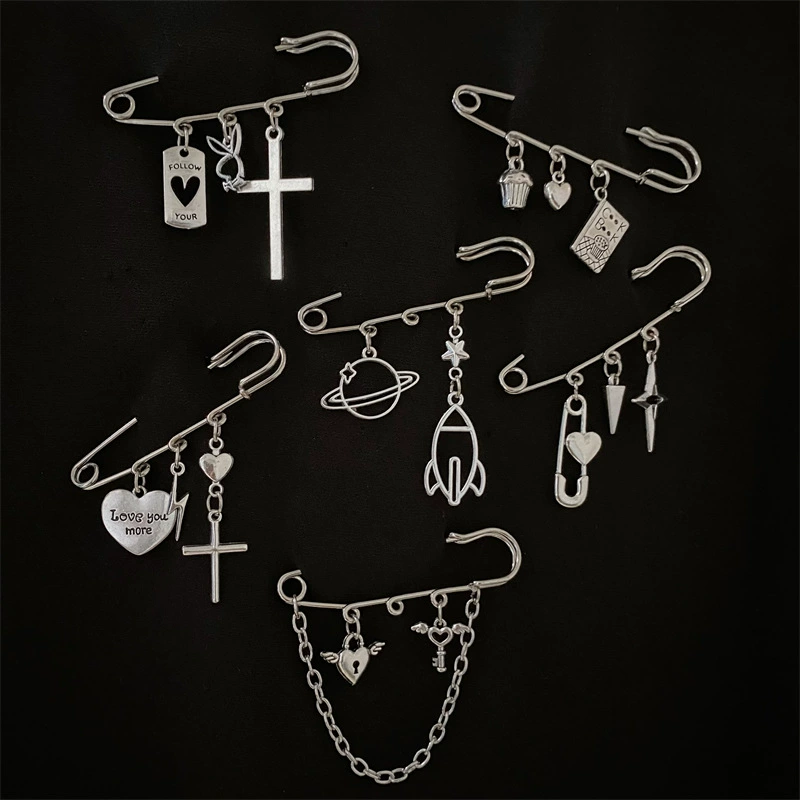 Gothic Cross & Charm Brooch Pin Set, Vintage Star, Heart, Lightning & Planet Charms, 6 cm