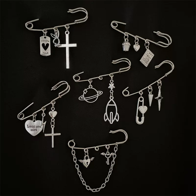 Gothic Cross & Charm Brooch Pin Set, Vintage Star, Heart, Lightning & Planet Charms, 6 cm