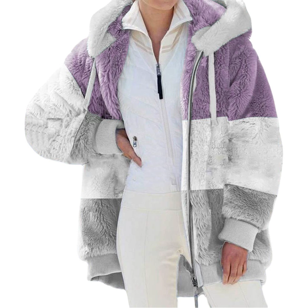 Популярная на Amazon трансграничная европейская и американская теплая плюшевая лоскутная куртка на молнии с карманами и капюшоном на осень и зиму 2025 года для женщин