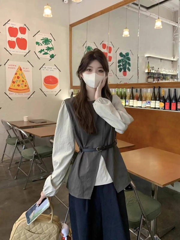 设计感不规则开叉叠穿坎肩马甲长袖衬衫2025女秋季新款时尚套装潮|undefined