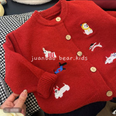 新しい子供用セーター、男の子と女の子向け、おしゃれな漫画刺繍入り赤いトップス、カーディガン、子供用ニットセーター