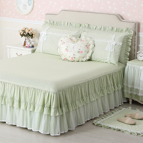 Exquisite cotton skirted bed sheet single piece bed skirt lace green cotton bedspread three-piece bed cover princess