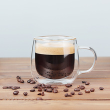 跨境双层隔热玻璃杯带把手透明水杯咖啡杯泡茶杯加厚耐热玻璃杯子