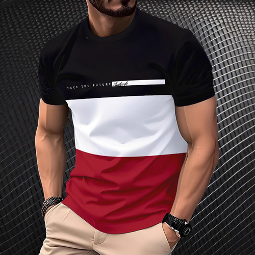 20253D Digital Printing Summer Men's Casual Versatile Trendy Fashion Color-blocked Short-sleeve Round Neck T-shirt