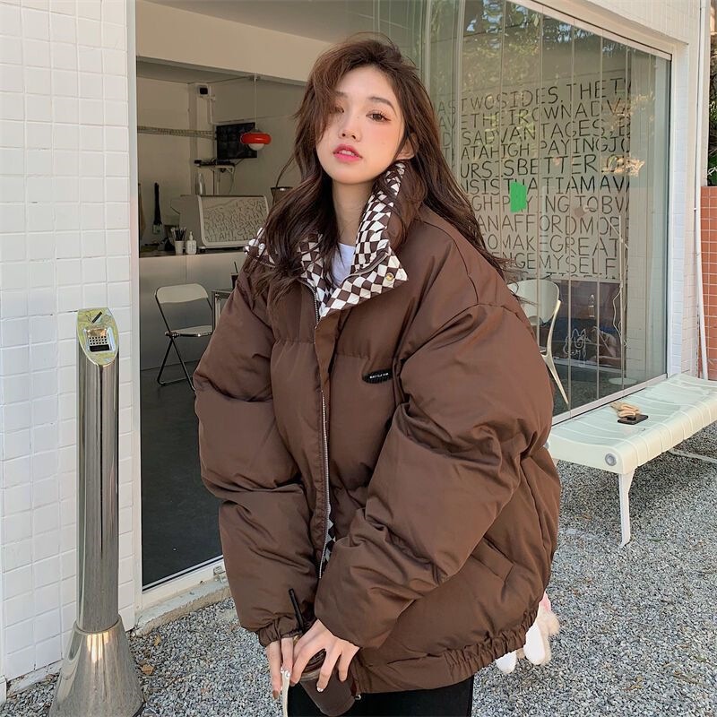 Checkerboard Cotton Jacket for Women, Winter Retro Hong Kong Style, Thick Loose Puffer Jacket, Niche Design, Harajuku Cotton Jacket Trend Checkerboard Cotton Jacket for Women, Winter Retro Hong Kong Style, Thick Loose Puffer Jacket, Niche Design, Harajuku Cotton Jacket Trend