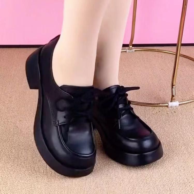Zapatos individuales de cuero suave puro, boca profunda, tacones gruesos para mujer, tacones gruesos, suela gruesa ligera, zapatos de cuero de estilo británico con cordones, zapatos de cuero negro de todo fósforo
