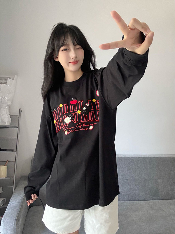美式复古刺绣圆领长袖t恤女秋季2025新款运动休闲设计感宽松上衣|undefined