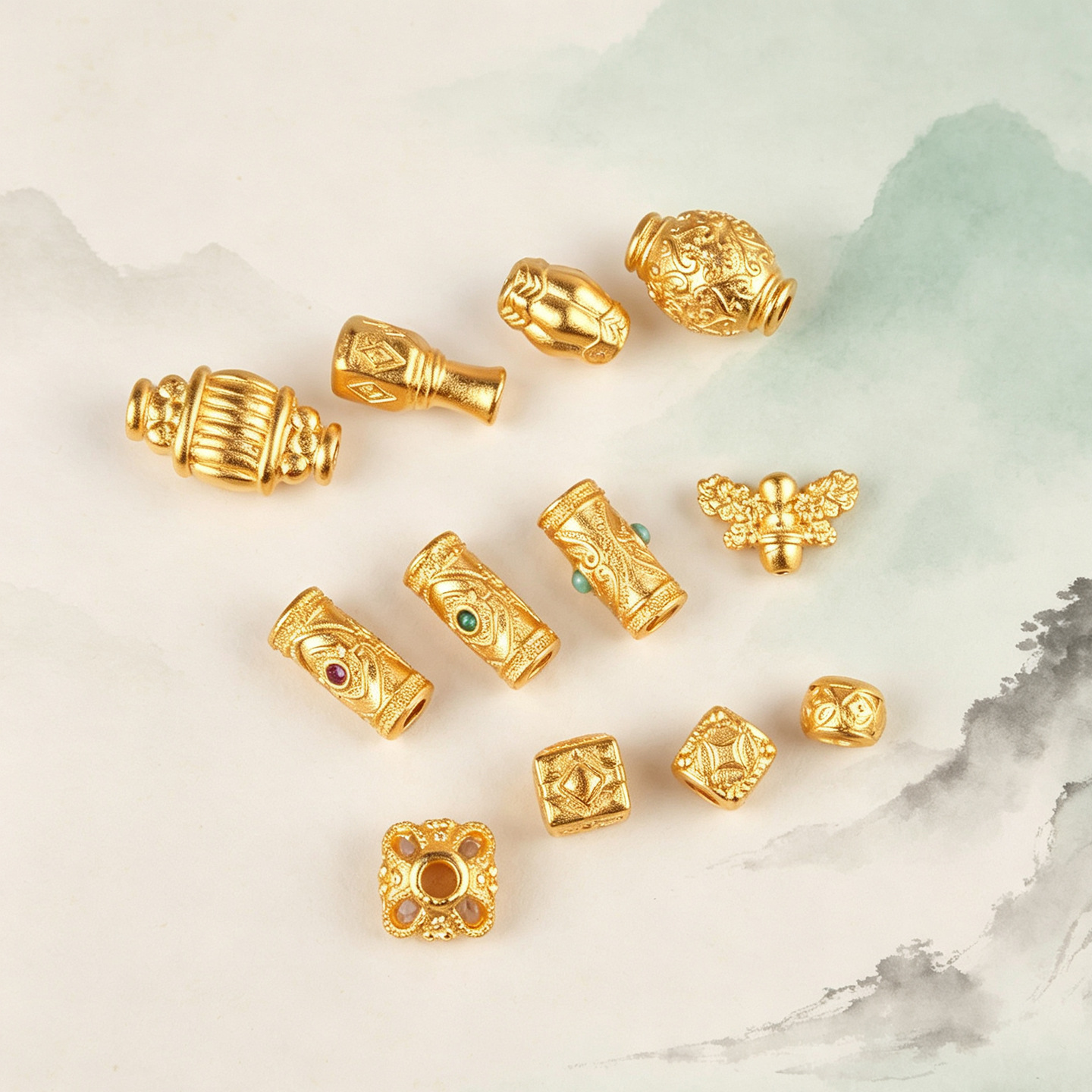 Chinese-style gold-plated beads and spacers with bee-shaped holes for DIY bracelets and jewelry accessories