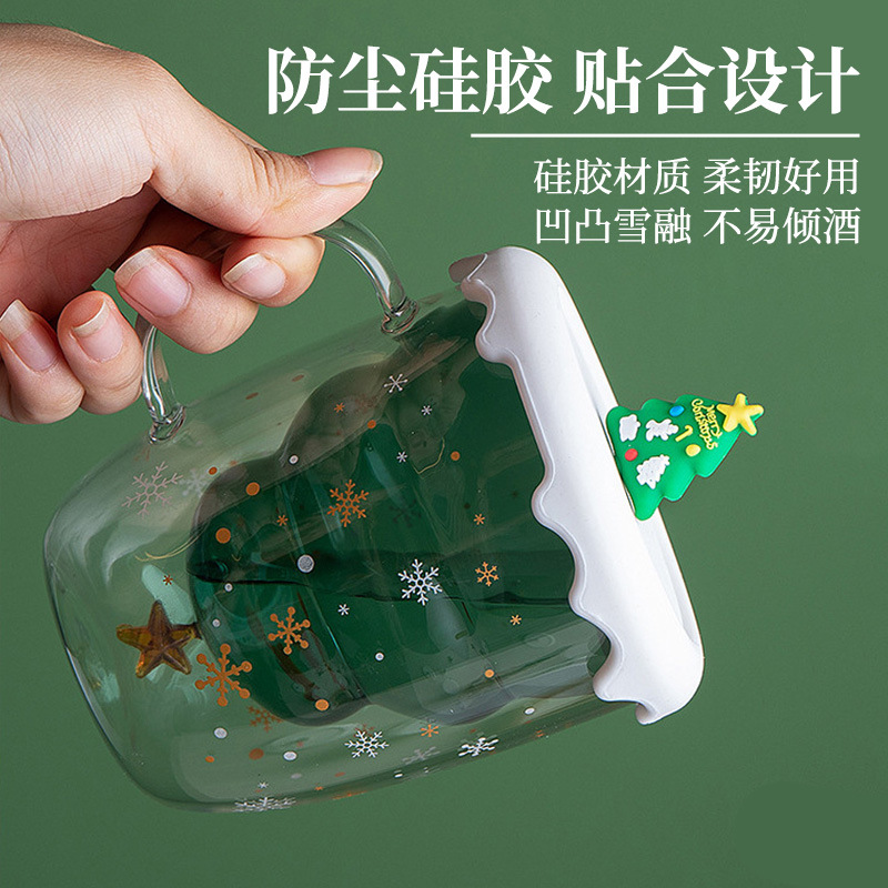 Taza de Navidad de doble capa al por mayor con tapa de vidrio de café aislante térmico alta resistencia al calor borosilicano de alta visualización taza de Navidad personalizada
