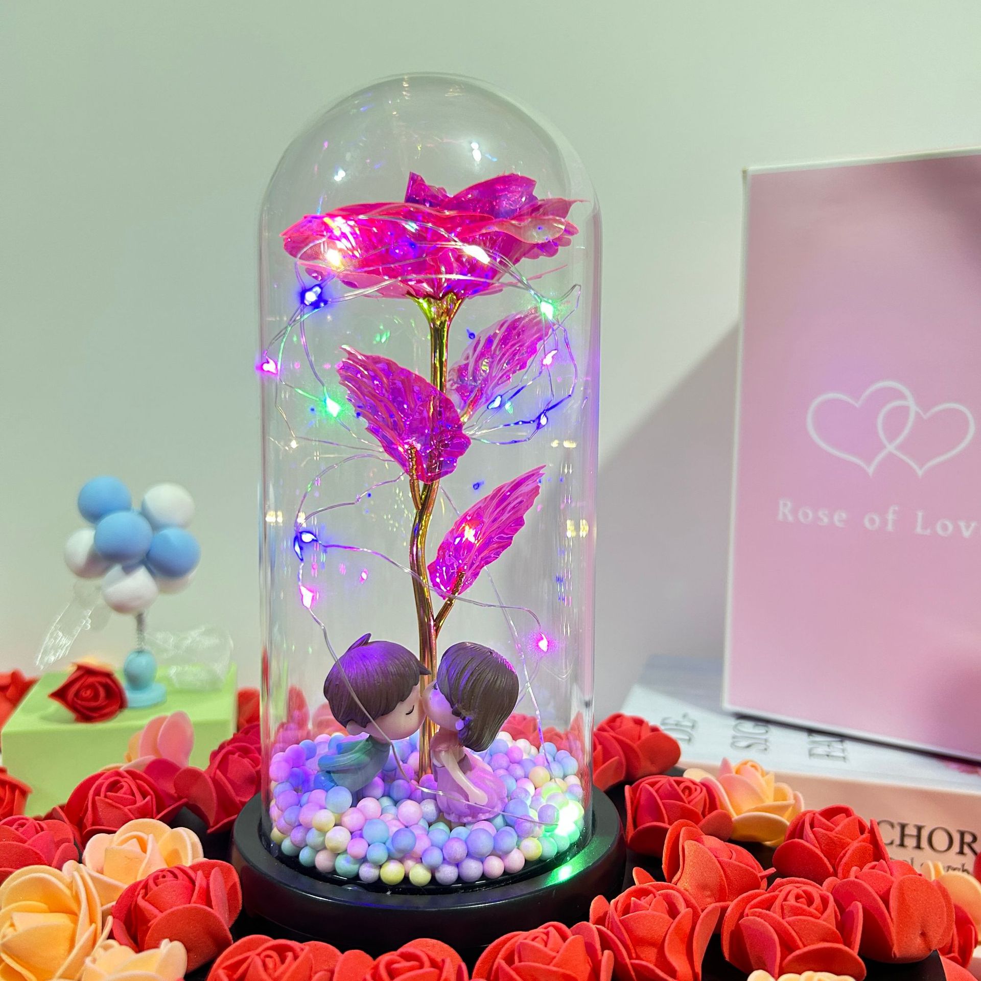 Flor inmortal rosa lámpara de vidrio Qixia Día de San Valentín 520 regalos de flores simuladas adornos de regalo para la madre para la novia