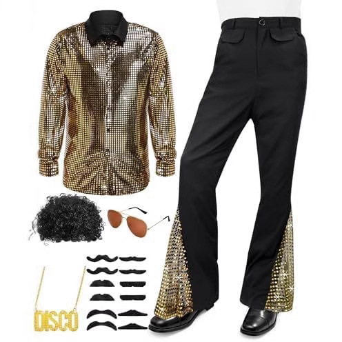 2025 Men's 70S Disco Costume Flared Pants Shirt Wig Necklace Beard Sunglasses