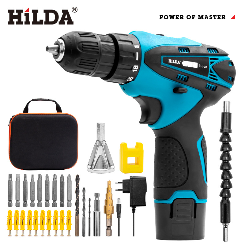 Hilda 12V destornillador inalámbrico taladro eléctrico doble velocidad batería de litio recargable luz LED 2 piezas impermeable mano Taladro