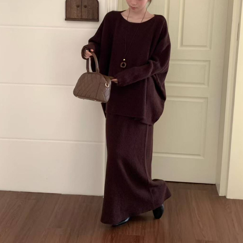 欧美女装跨境货源秋冬搭配一整套慵懒风毛衣＋针织半身裙两件套装|undefined