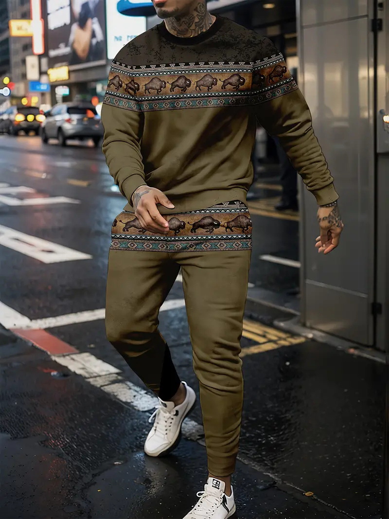 Comercio exterior transfronterizo Europa y América 3D impresión digital retro cuello redondo suéter pantalones traje ME1-ML1