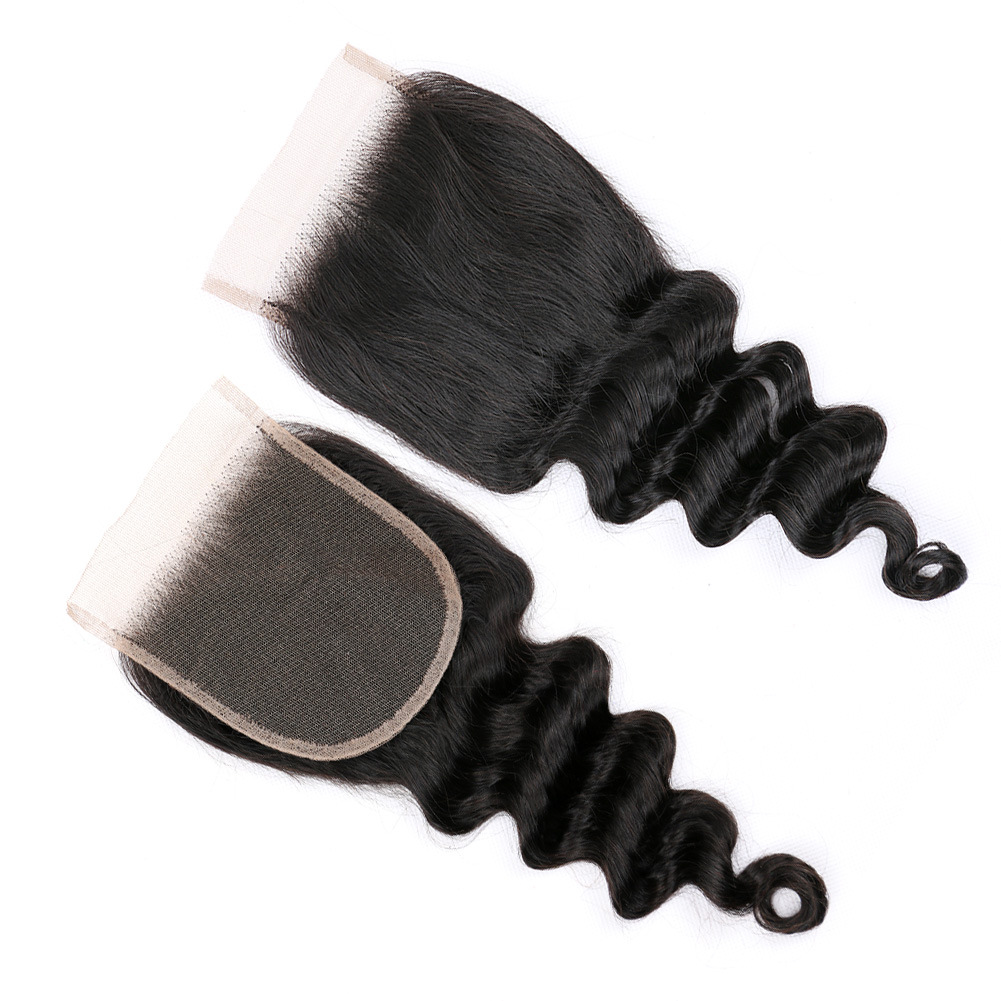 4x4 Cierre suelto onda profunda encaje bloque de pelo Cierre de cabello humano real Peluca de pelo