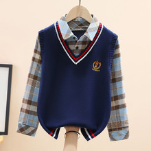 中大童假两件毛衣秋冬款儿童男孩加绒加厚衬衫领针织打底衫潮男童