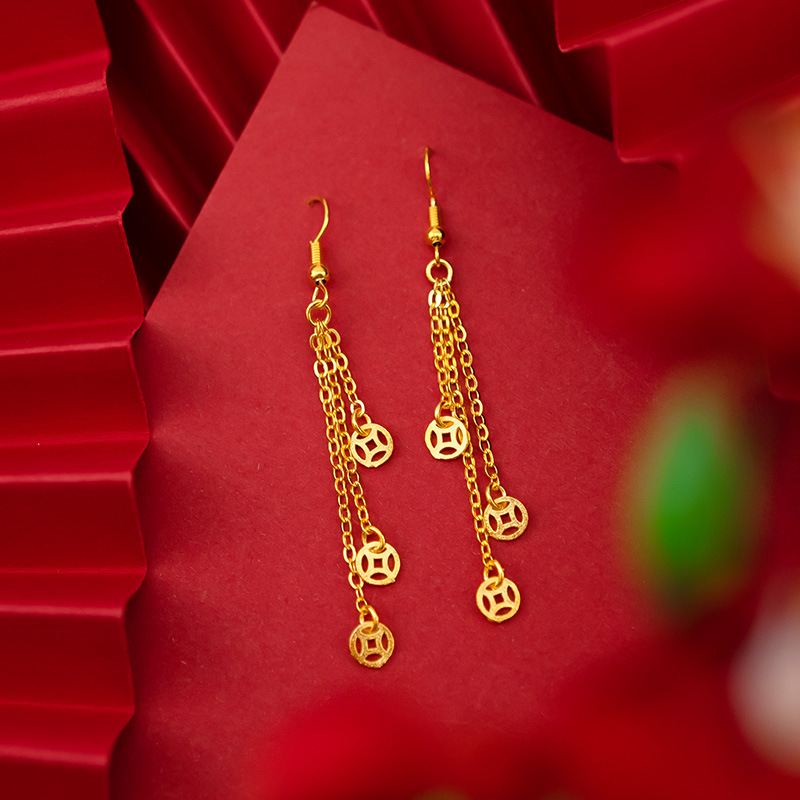 Ohrringe mit Quasten aus Messing und vergoldetem Messing im Vietnam-Sanddollar-Stil, Damenmode, lange Münzhaken-Ohrringe, Schmuck_voghion.com