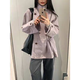 现 2026春季新款韩国设计师low cl*ssic休闲立领系绳短款风衣