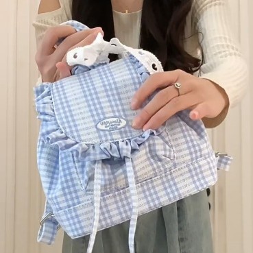 韩系蓝色蕾丝格子双肩包女2025新款甜美荷叶边背包学院风通勤书包