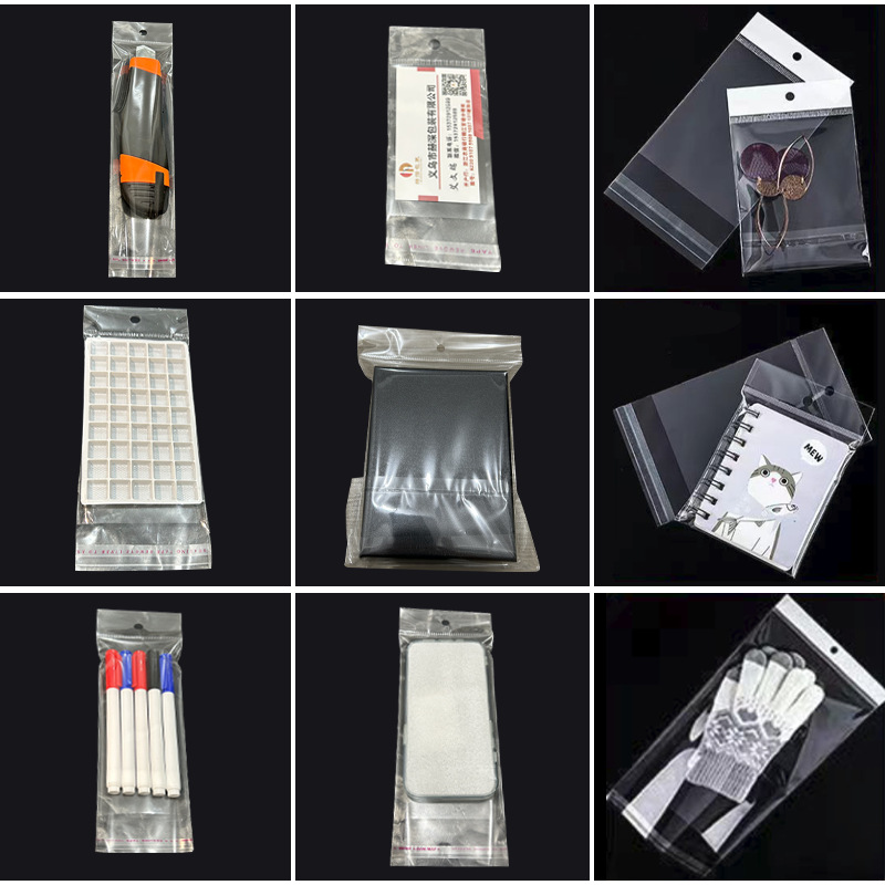 Transparent self-adhesive plastic pouch with hanging hole for nail accessories, long strip card head bag, airplane packaging bag for wholesale