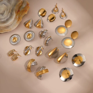 欧美ins跨境不锈钢耳环金银拼色几何设计感小众耳饰轻奢时尚耳饰