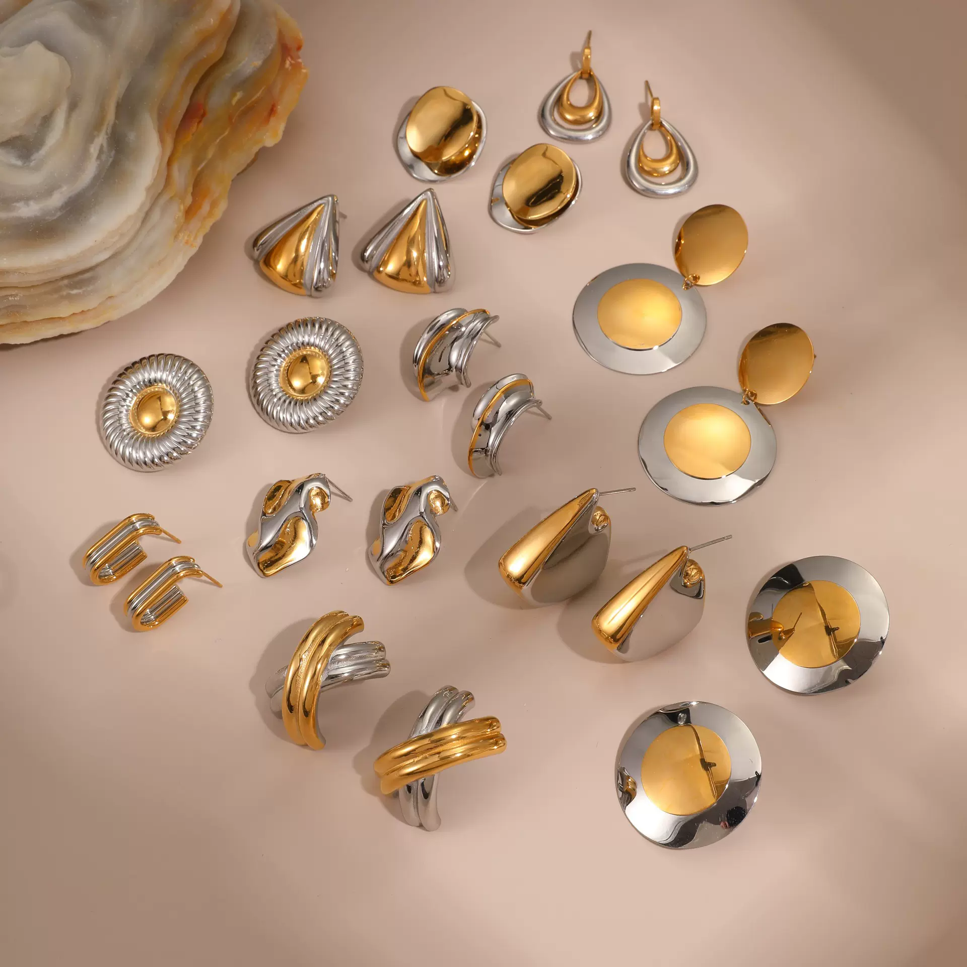 欧美ins跨境不锈钢耳环金银拼色几何设计感小众耳饰轻奢时尚耳饰