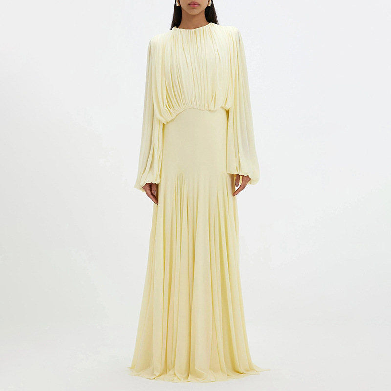 French-Style Elegant and Gentle Dress 2026 New Model Round Neck High-End Pleated Patchwork Waist-Cinching Long Dress French-Style Elegant and Gentle Dress 2026 New Model Round Neck High-End Pleated Patchwork Waist-Cinching Long Dress