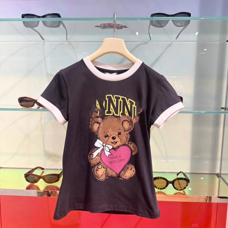 2025 New Autum Niche Designer Letter Bear Print Round Neck Pure Cotton Slim Short-Sleeved T-Shirt for Women