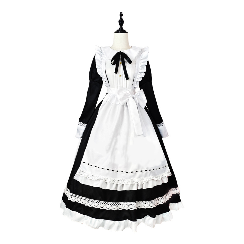 伝統的なメイドのロングスカートの長袖のメイド服の偽娘のイギリスの執事のコスプレの日系の制服のかわいいワンピース|undefined