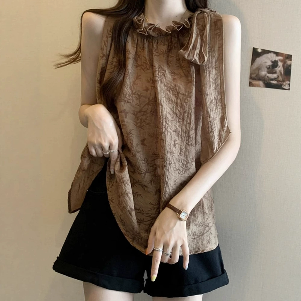 Женский летний жилет без рукавов с французским воротником больших размеров для женщин, летняя верхняя одежда для полных мм, чтобы скрыть живот и уменьшить возраст, рубашка-бебидолл, шикарный топ на подтяжках