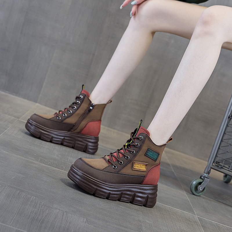 Boot nữ cổ ngắn đế dày tăng chiều cao phong cách retro phối màu — M2693-1 đỏ lót nhung, M2693 màu xanh lá cây một lớp, M2693-1 xanh lục lót nhung, M2693 màu đỏ một lớp bên trong