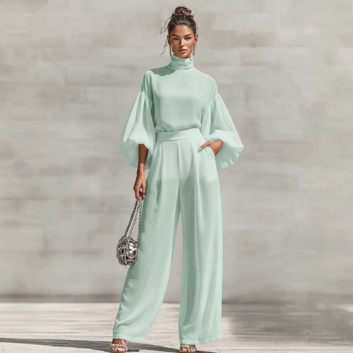 Moda qor naqshli ko'ylak va keng shim to'plami