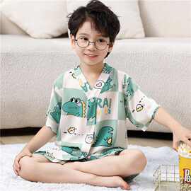 夏季小男孩儿童短袖棉绸睡衣套装 宽松空调服女童半袖绵绸家居服