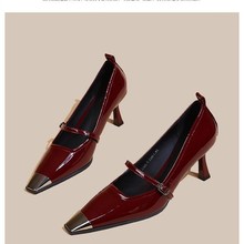 金属尖头酒红漆皮玛丽珍高跟女鞋 复古细跟时装显瘦单鞋 跨境供货