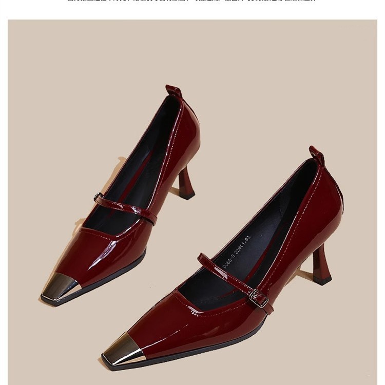 金属尖头酒红漆皮玛丽珍高跟女鞋 复古细跟时装显瘦单鞋 跨境供货