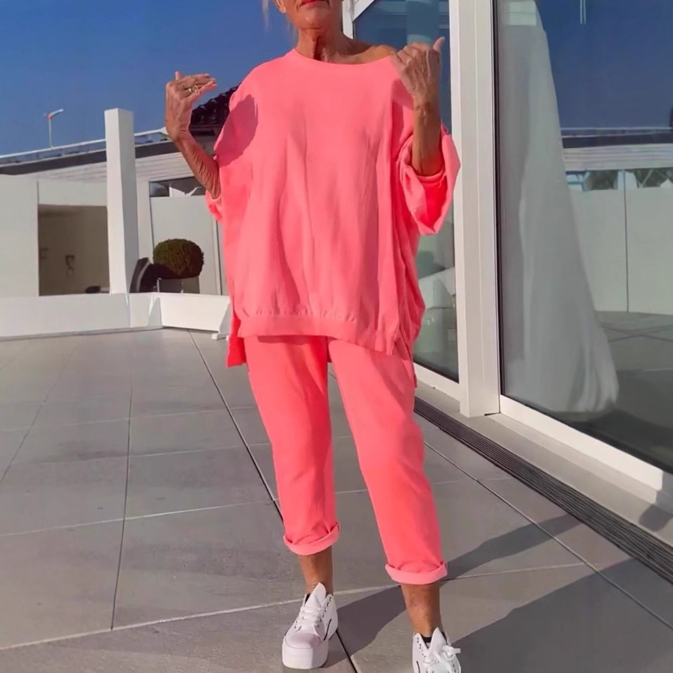 Amazon 2025 European and American Cross-Border New Casual Pure Color Round Neck Long-Sleeved Tops Sports Versatile Pants Suit for Women