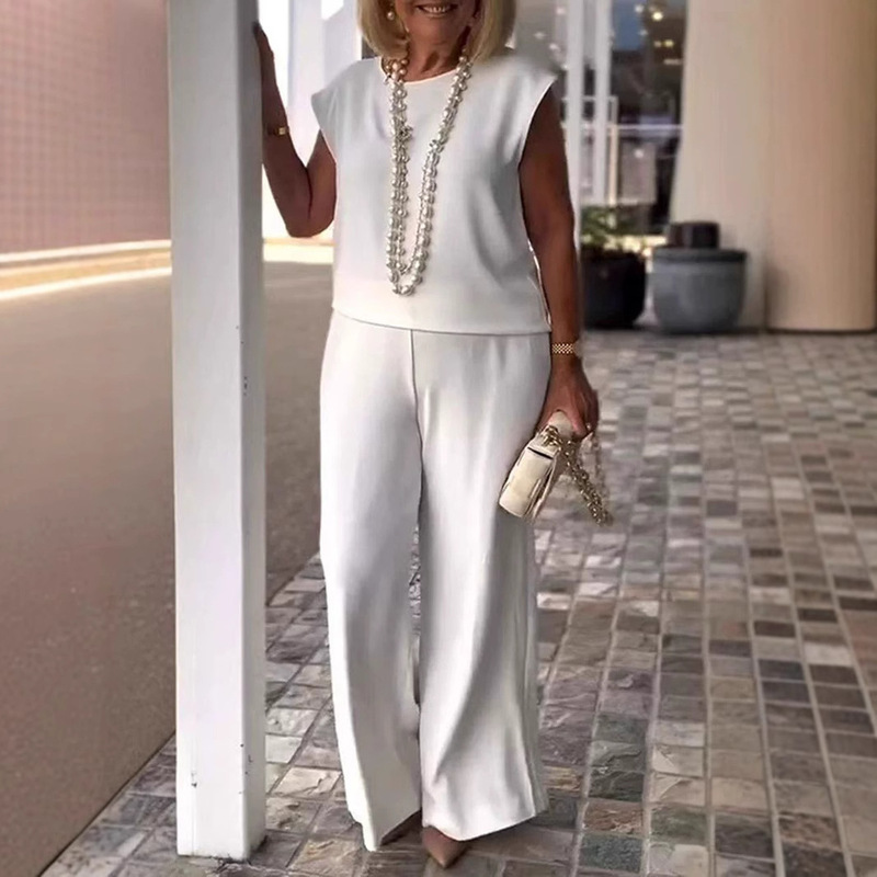 Spring and Summer 2025 New European and American Cross-border Independent Station Explosions Women's Solid Color Round Neck Sleeveless Top and Pants suit