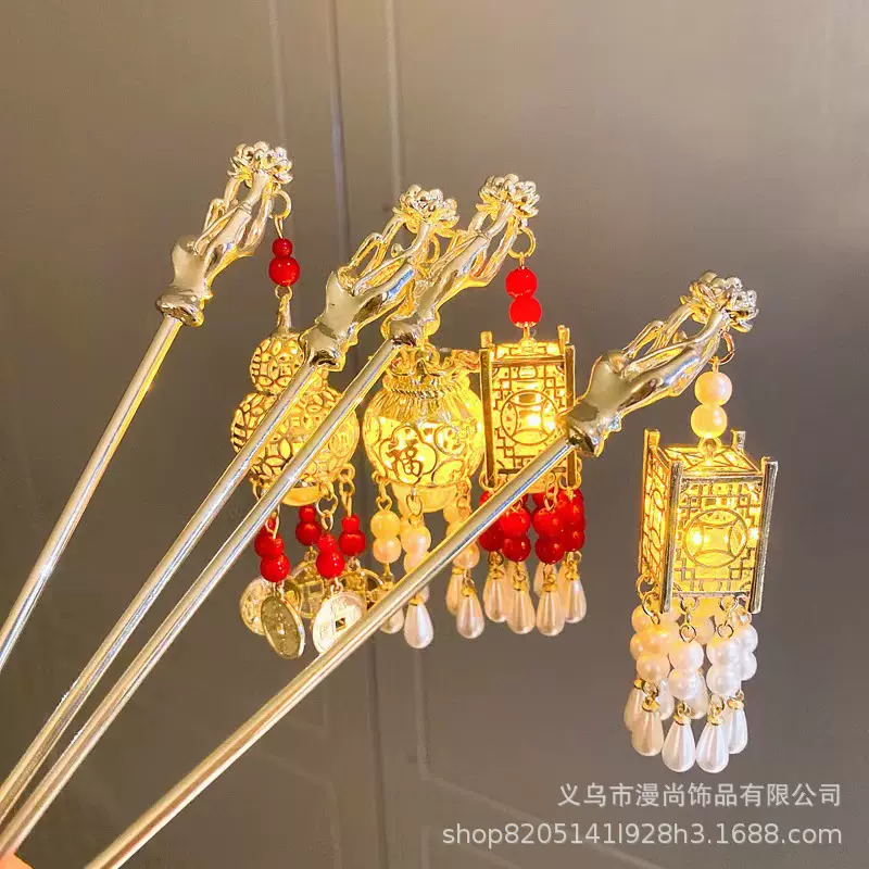 发光玉兔流苏灯笼发簪女古风后脑勺盘发簪子旗袍配饰发饰头饰饰品