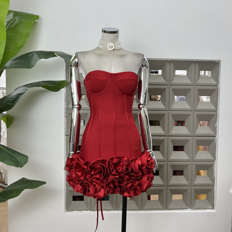 Amazon Knitted Bandage Elastic Fishbone Lace-up Waist Tube dress Flower Ultra Short American Style