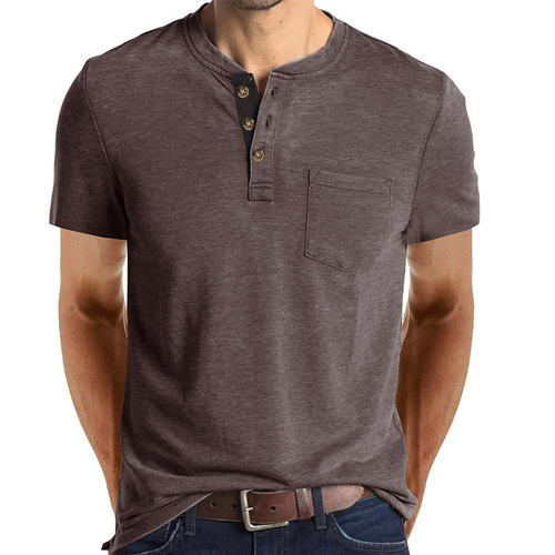 2025 Spring and Summer European and American Men's Short-Sleeve T-shirts, Import and Export Men's Henry T-shirt, Cross-border Clothing, Crew Neck Top