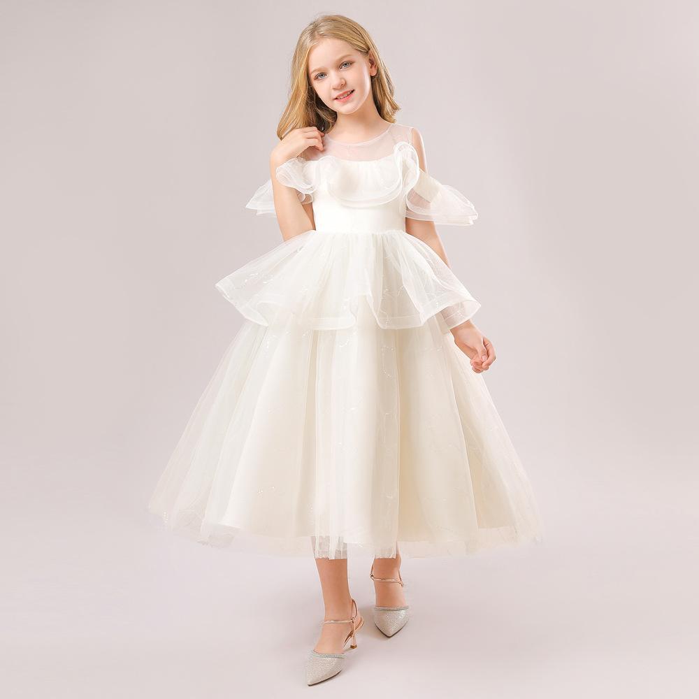 Nuevo vestido de noche para niñas vestido de princesa hinchado de malla vestido de anfitrión fuera del hombro vestido de Día de los niños
