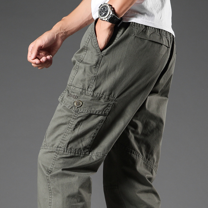 Summer Thin Pure Cotton Casual Pants for Men, Workwear Pants with Multiple Pockets, Loose Straight-Leg Pants, Large Size for Young and Middle-Aged Men