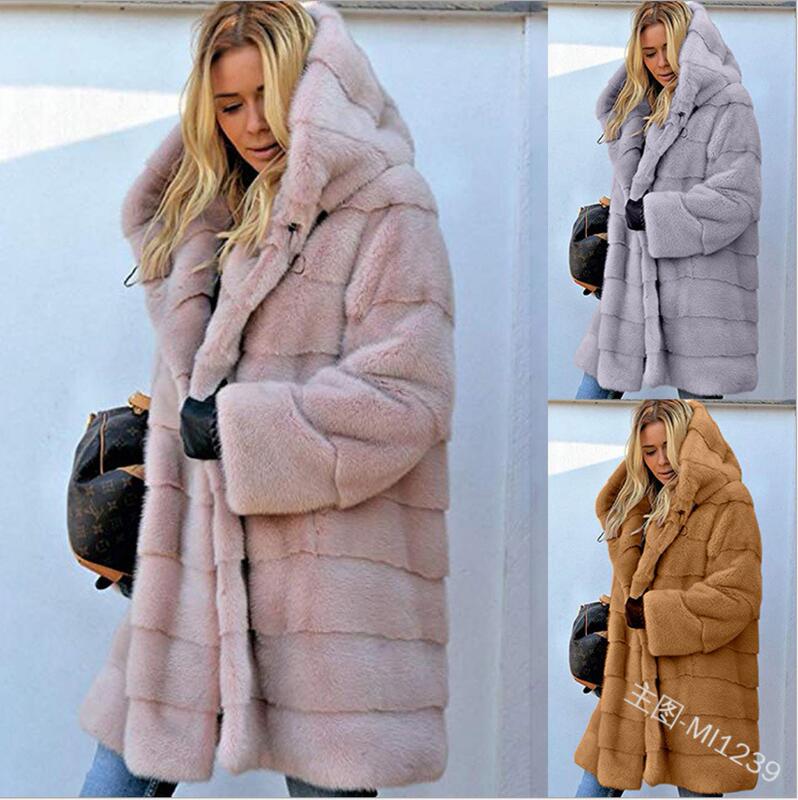 Faux mink velvet European and American mid-length solid color loose plush hooded coat faux fur autumn and winter warm coat
