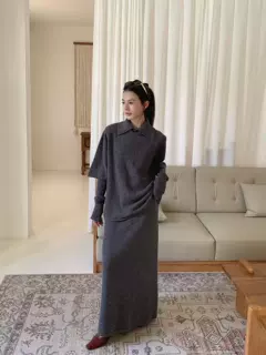 秋冬慵懒风假两件针织套装女高领翻领宽松毛衣长裙三件套件套时尚