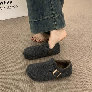 内增高复古博肯鞋女加绒加厚平底包头浅口单鞋休闲百搭皮带扣棉鞋