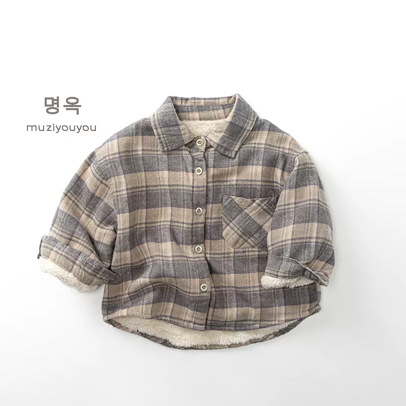 儿童格子加绒衬衫2025冬季新款男女童保暖加厚上衣潮外套宝宝衣服