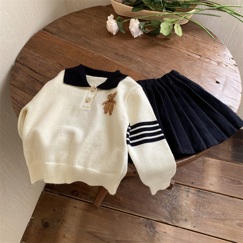 Ensemble pull et demi-jupe pour filles, nouvelle édition coréenne, Style académique, dessin animé petit ours, automne 2022_voghion.com