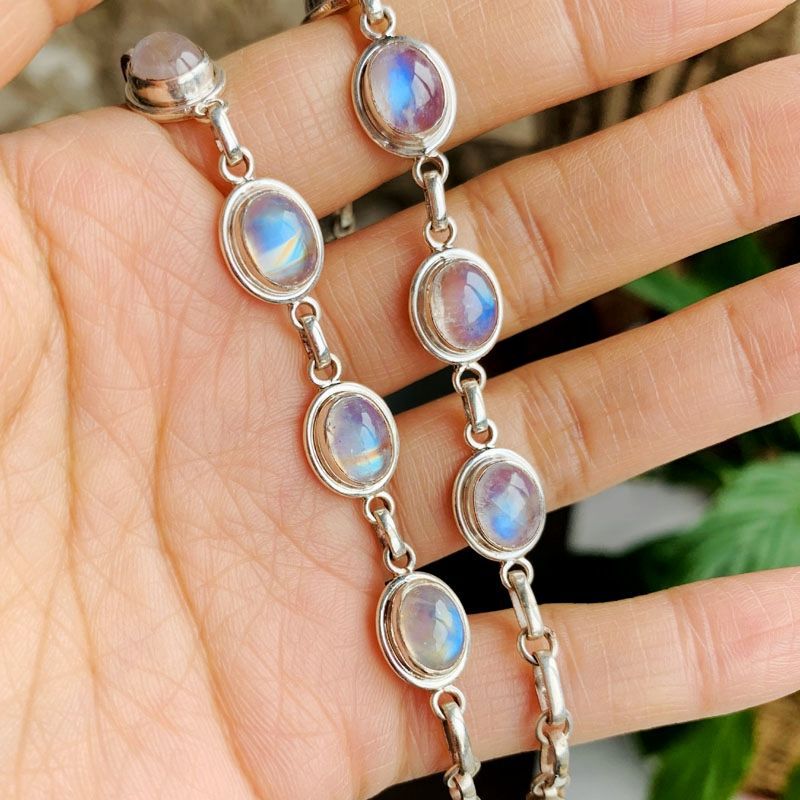 Nepal style silver jewelry ethnic style hand-inlaid high-grade gem fluorescent stone rainbow Moonstone bracelet New