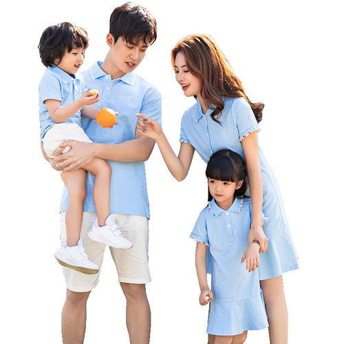  Spring New Trendy Parent-Child Outfit Korean Style Mother and Daughter Dress Cute Short-Sleeve Polo Parental Family Set